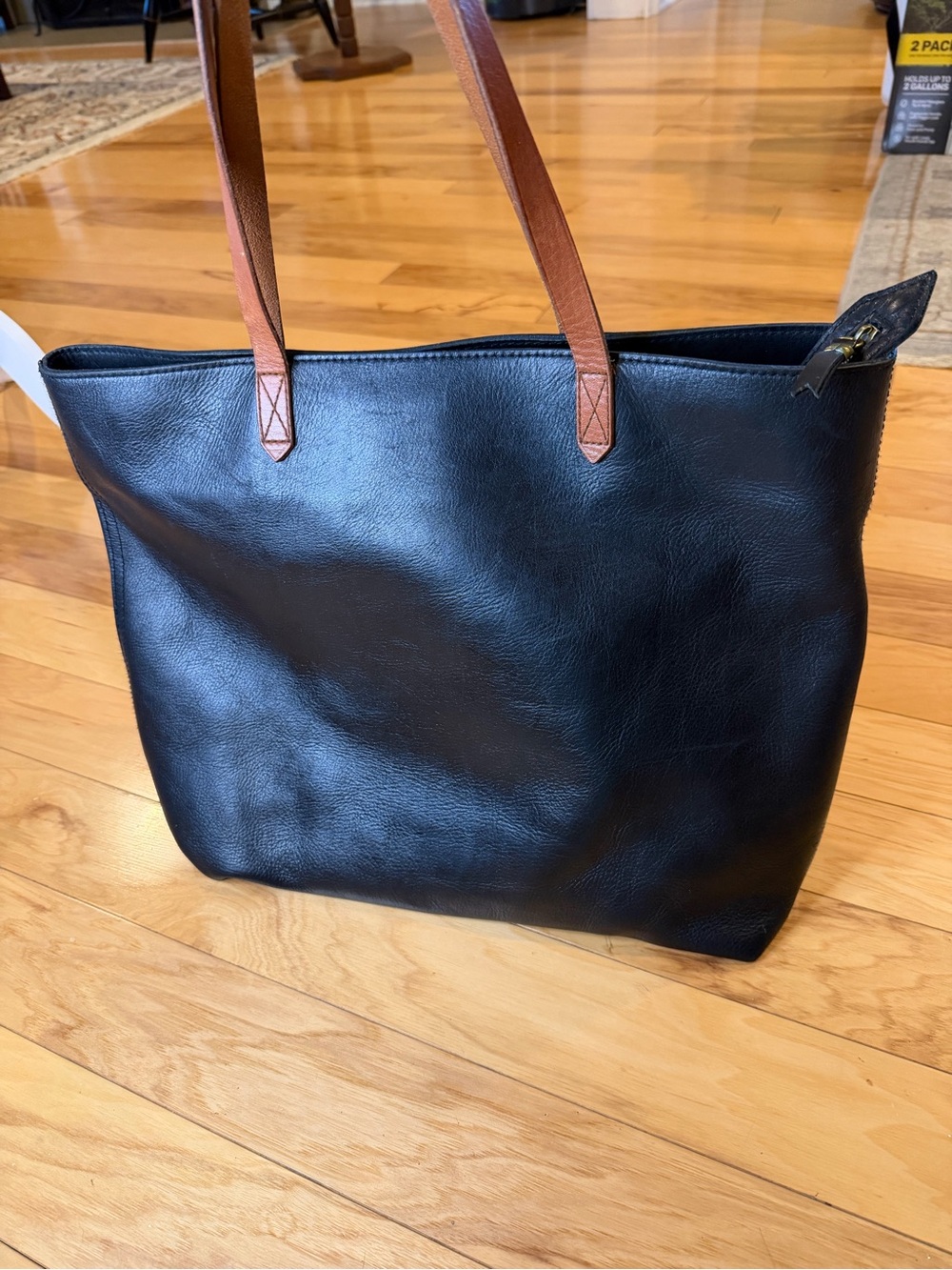 Madewell The Zip-Top Transport Leather Tote Bag Black Tan Handles Work Laptop